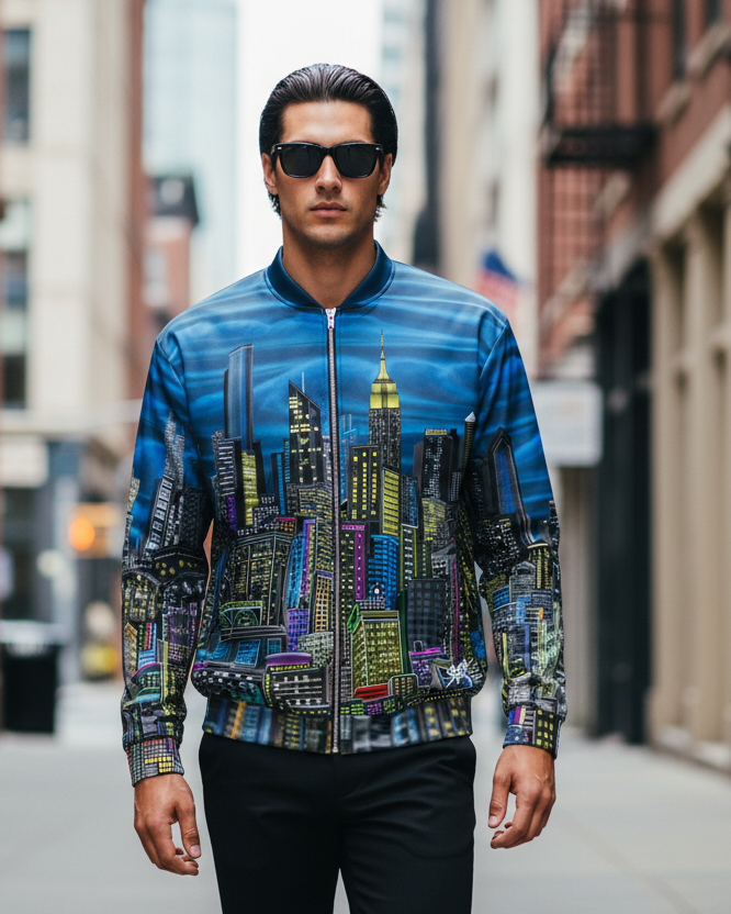 Man wearing a blue jacket with cityscape design by Loria NYC Art on a city street