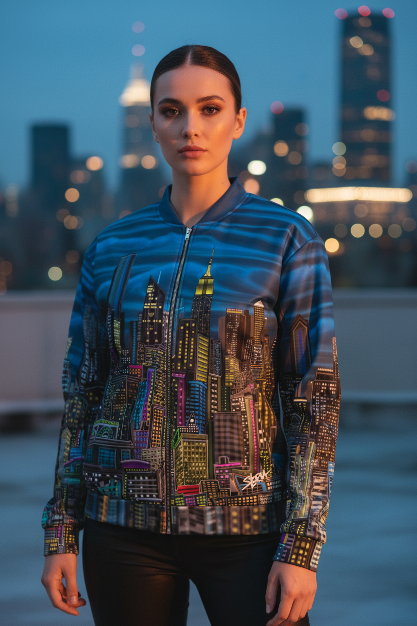 Person wearing a colorful jacket with cityscape designed by Loria NYC Art against a blurred city skyline.