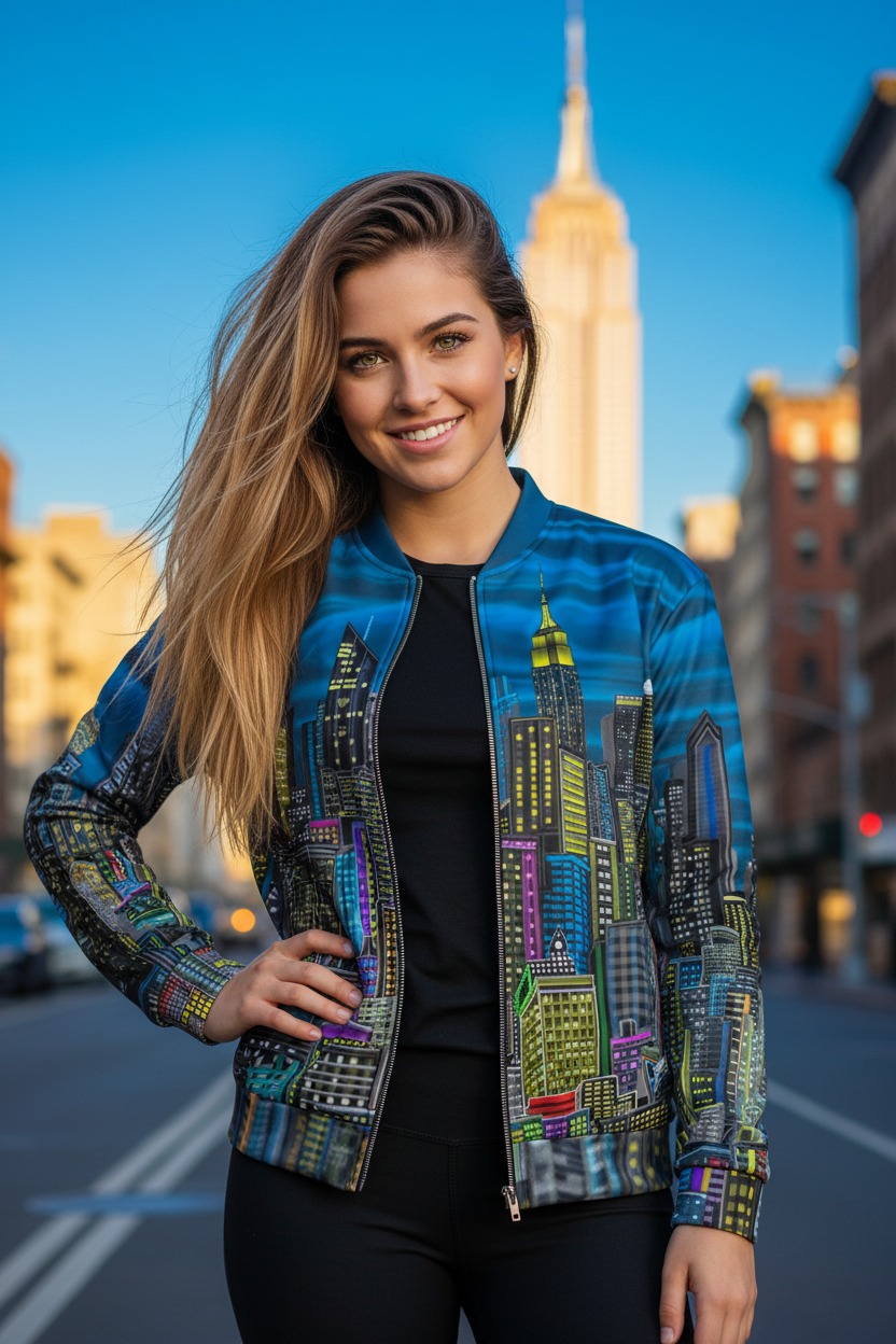 Woman wearing a colorful Loria NYC Art jacket with cityscape design in front of the Empire State Building.