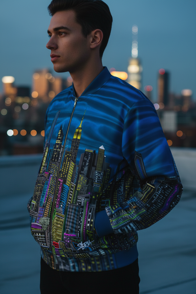 Person wearing a blue jacket with cityscape designed by Loria NYC Art against a blurred city skyline at night.