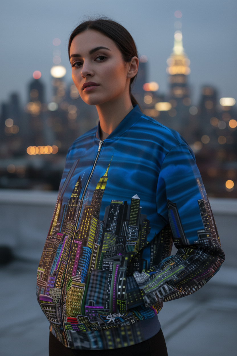 Woman wearing a blue jacket with cityscape design by Loria NYC Art against a blurred city skyline.