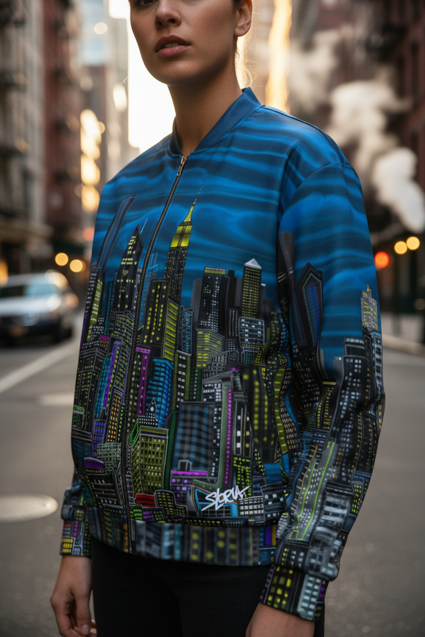 Person wearing a blue jacket with cityscape design created by Loria NYC Art on a street.