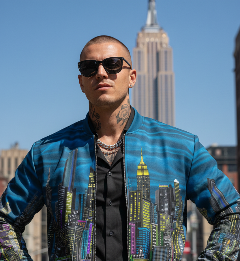 Man wearing a Loria NYC Art jacket in front of the Empire State Building