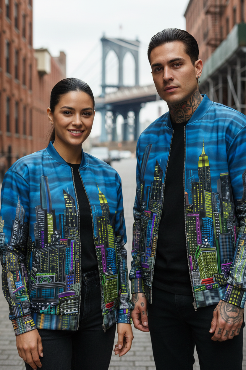 Two people wearing blue jackets with cityscape Loria NYC Art designs in an urban setting.