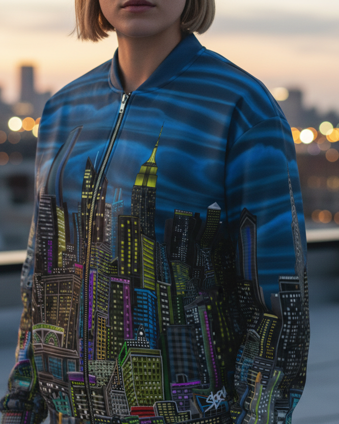 Person wearing a blue jacket with a cityscape design by Loria NYC Art on a rooftop at dusk.