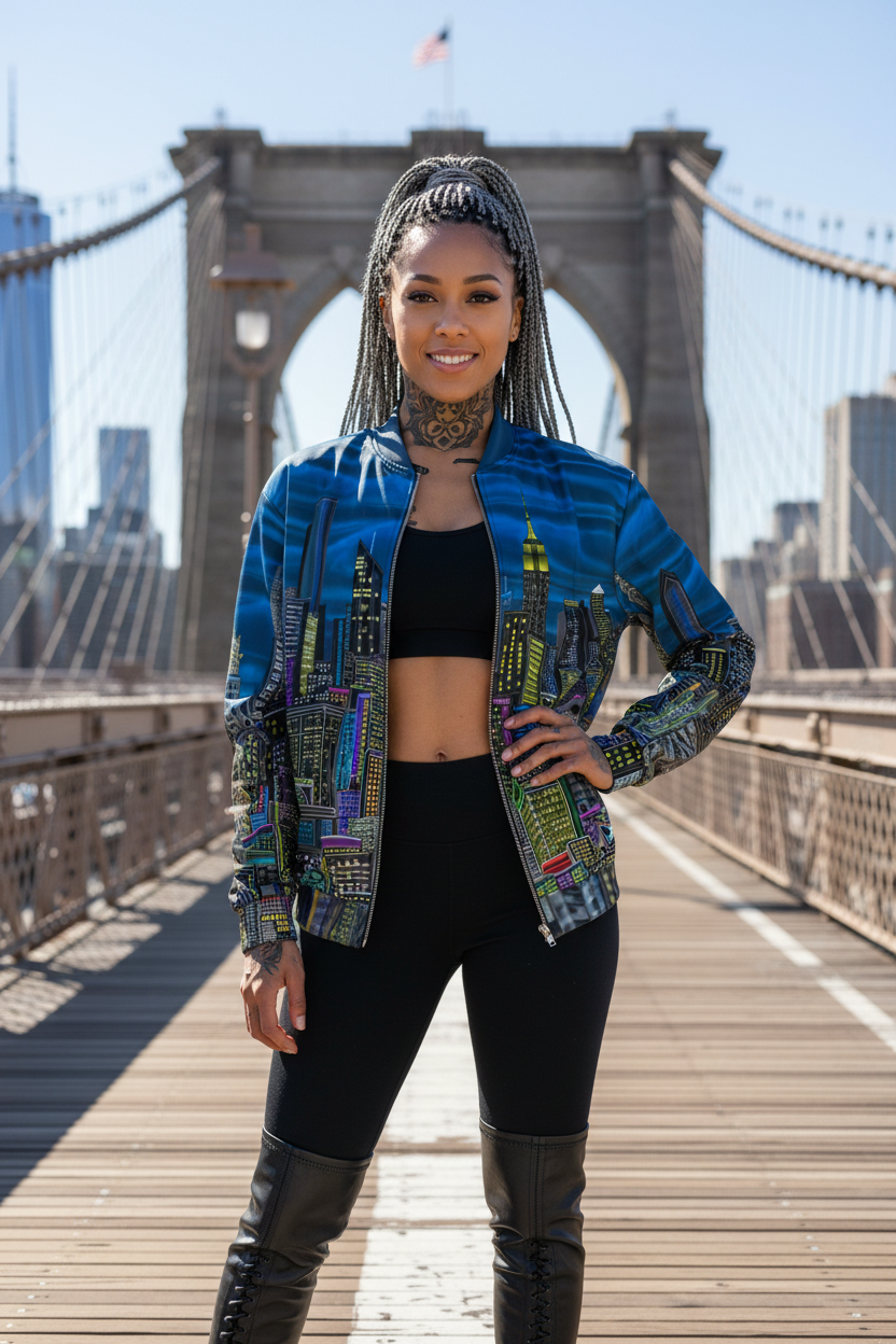 Women on the Brooklyn bridge wearing a blue Loria NYC Art jacket.