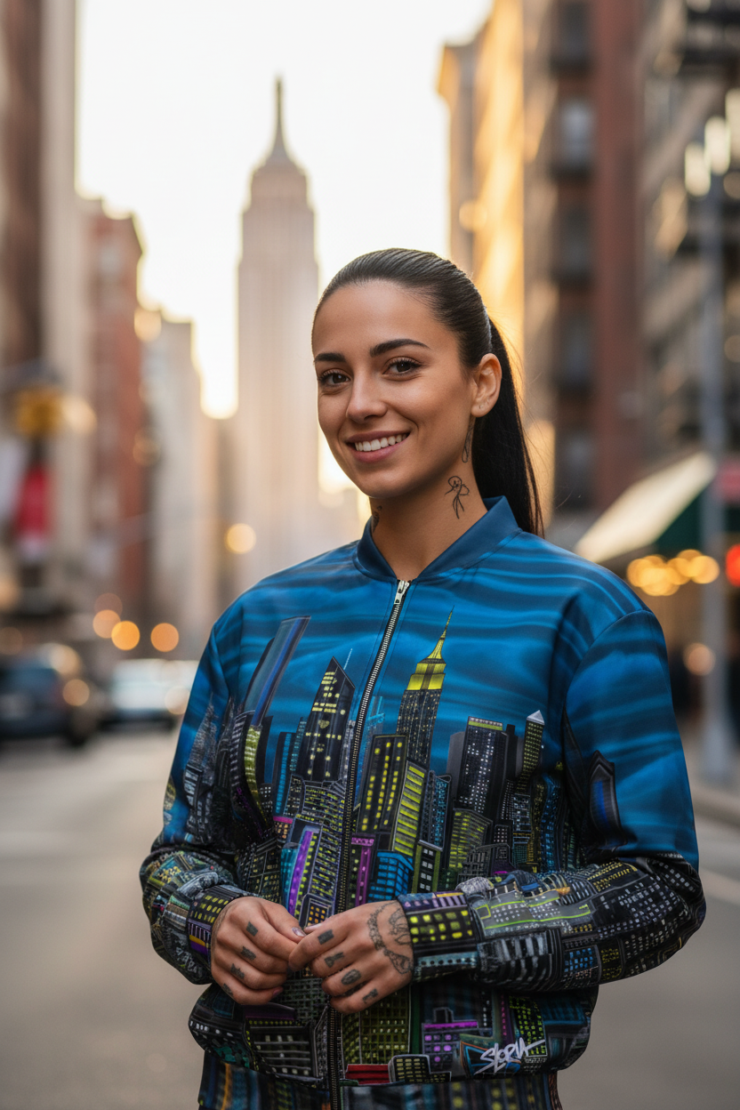 Person wearing a Loria NYC Art blue jacket with cityscape design on a city street