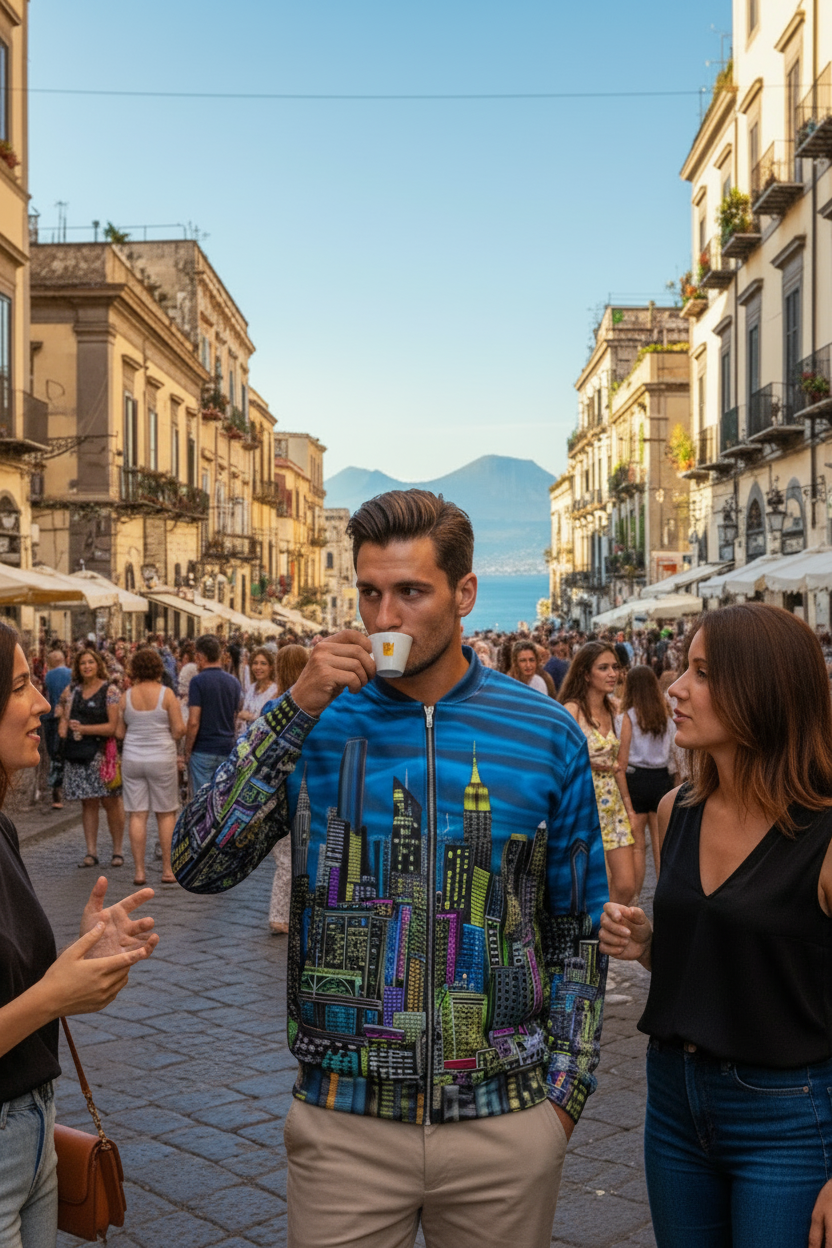 Man drinking from a cup in a bustling street scene with people and buildings wearing a blue Loria NYC Art jacket