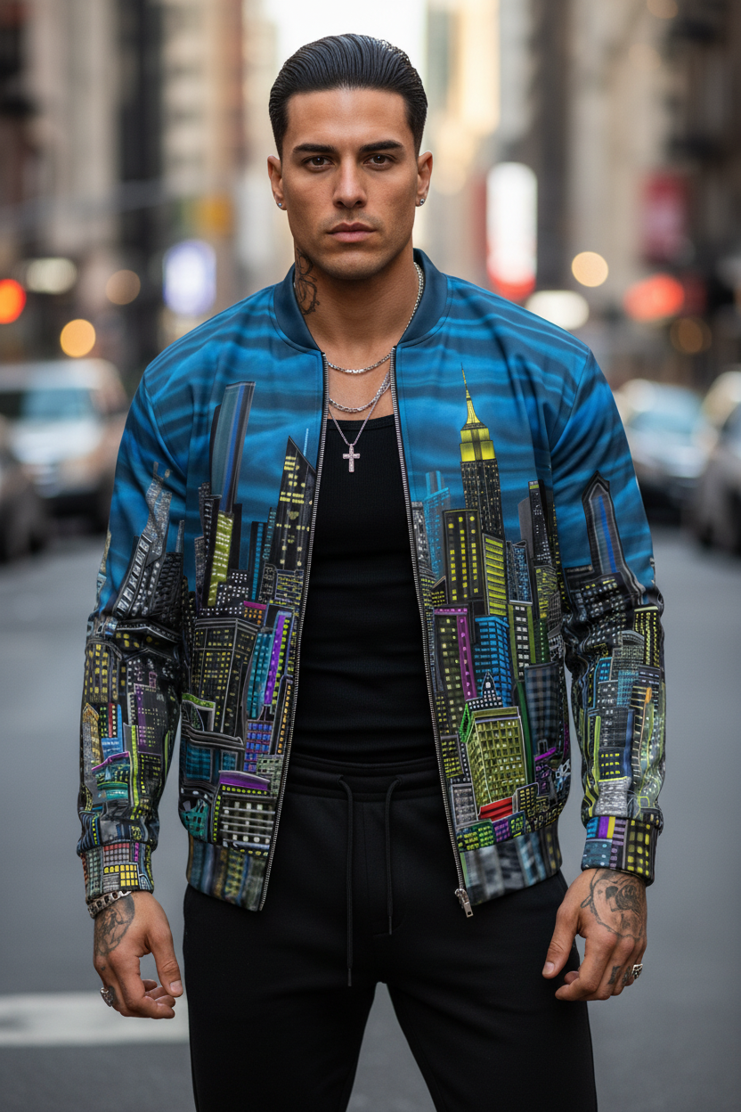 Man wearing a colorful jacket with cityscape Loria NYC Art design on a street background