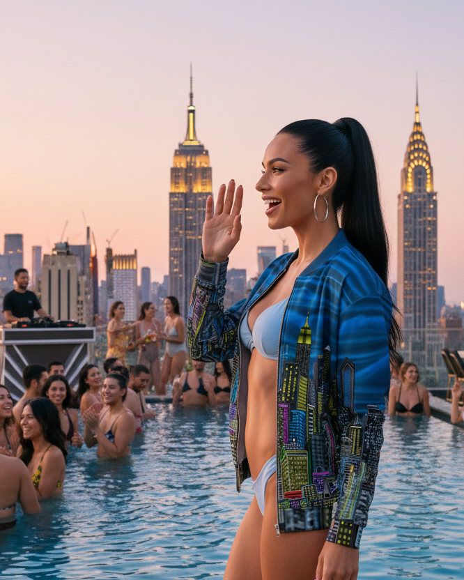 Woman in a bikini and colorful jacket designed by Loria NYC Art standing by a pool with a city skyline in the background