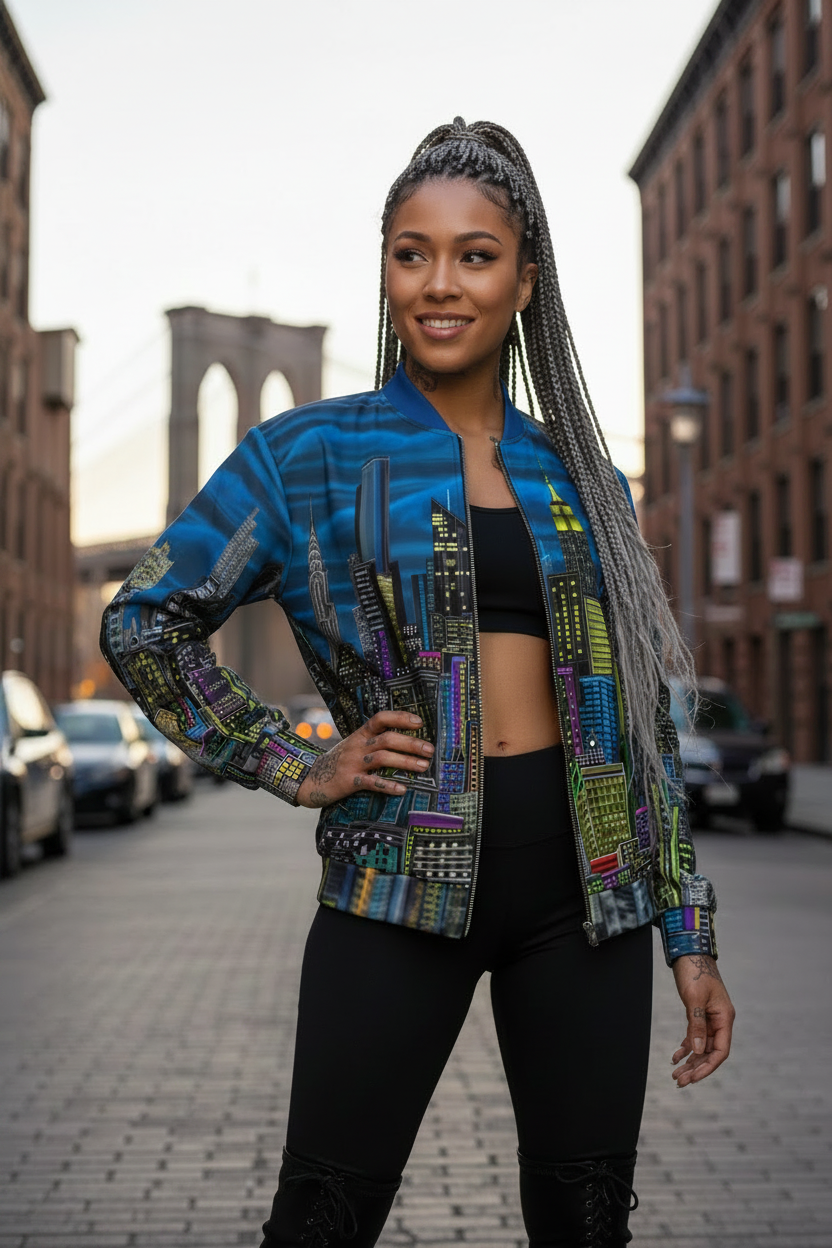 Women in front of Brooklyn bridge wearing a blue Loria NYC Art jacket on a street.