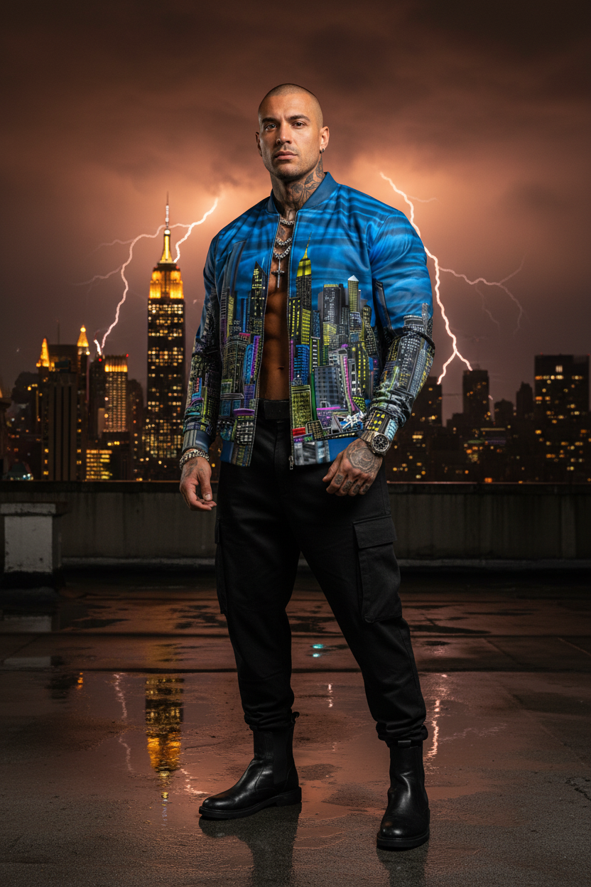 Man in a Loria NYC Art colorful jacket standing on a rooftop with a cityscape and lightning in the background
