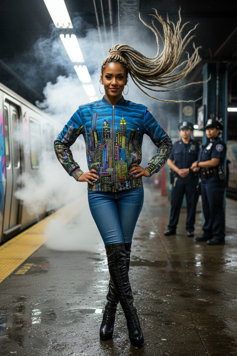 Woman in a colorful Loria NYC Art jacket standing on a subway platform with police officers in the background