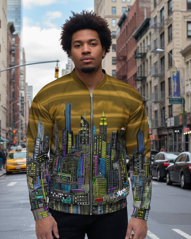 Man wearing a gold shirt with a cityscape design by Loria NYC Art on the front, on a urban background