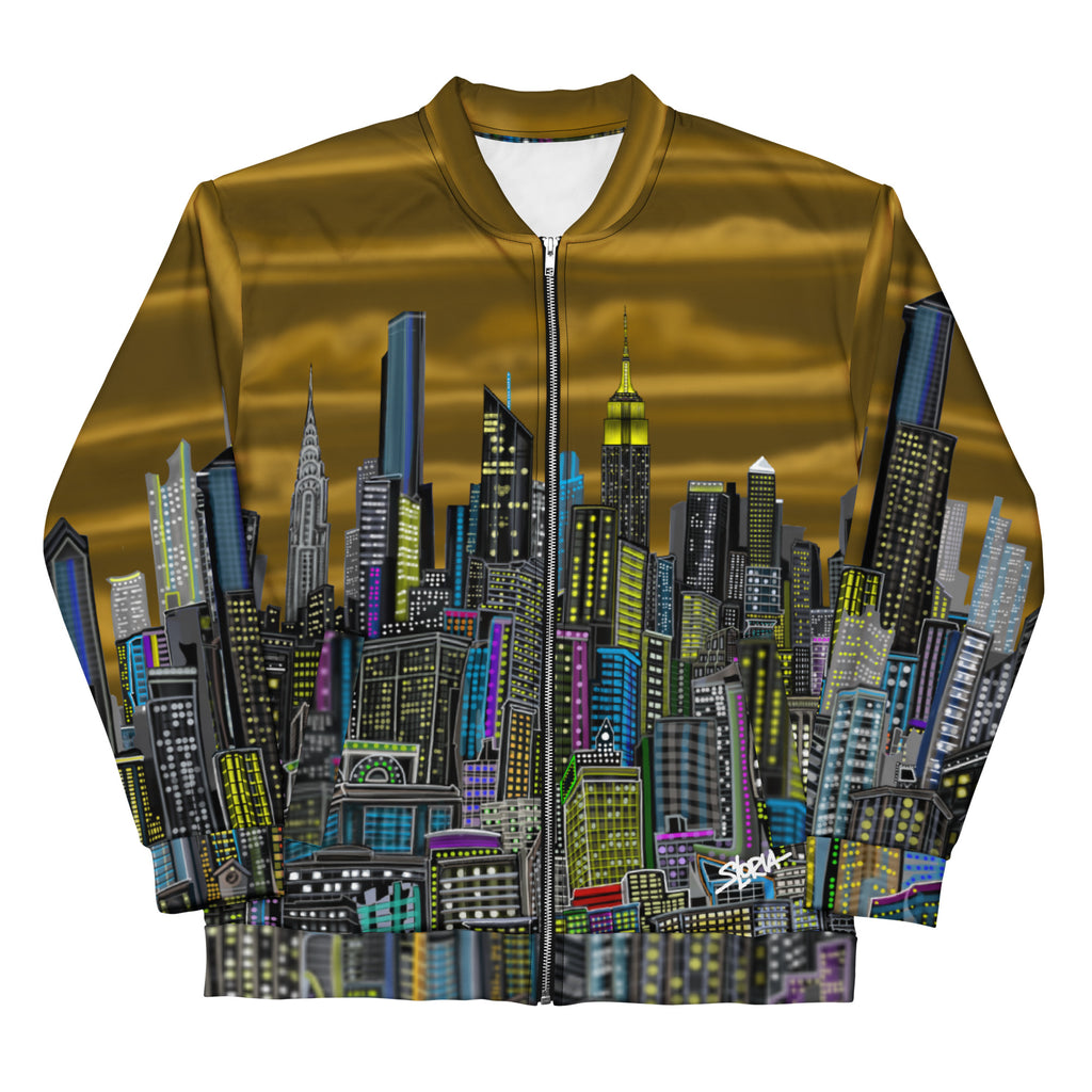 Front folded arms of brown Jacket with a cityscape designed by Loria NYC Art on a white background