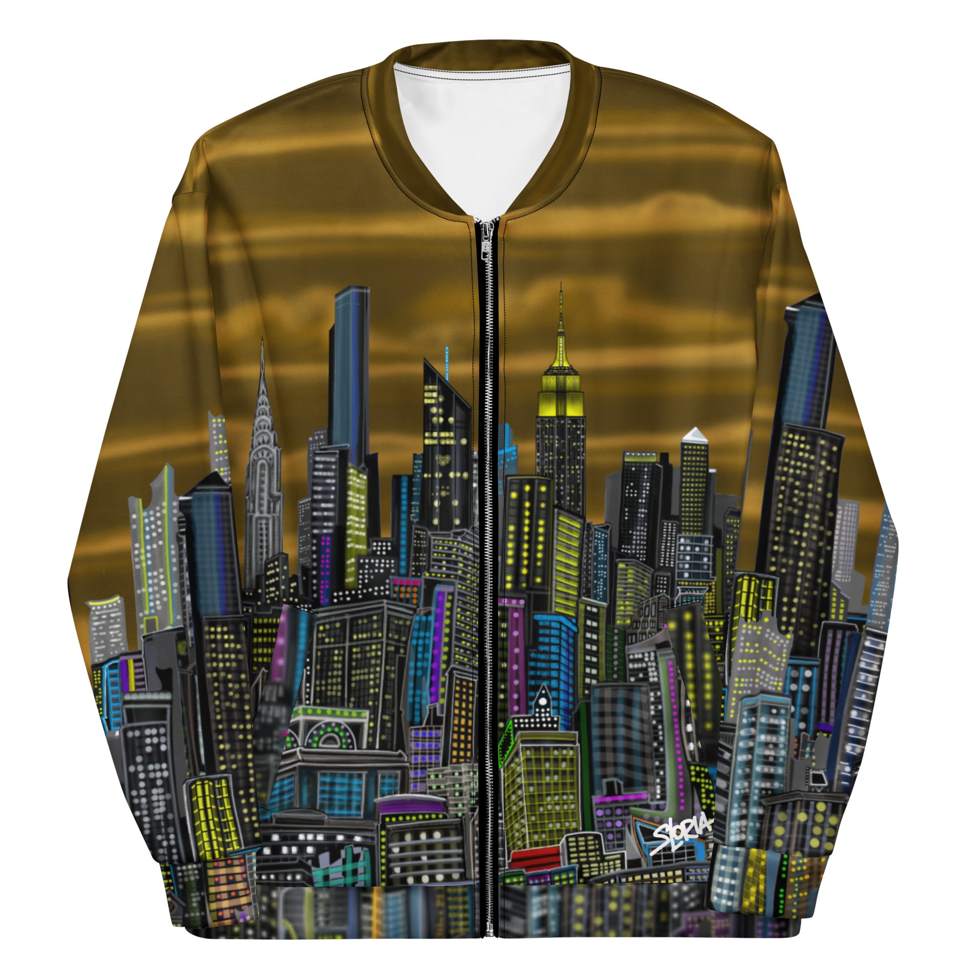 Front view of folded sleeves on a  brown Jacket with a cityscape designed by Loria NYC Art on a white background