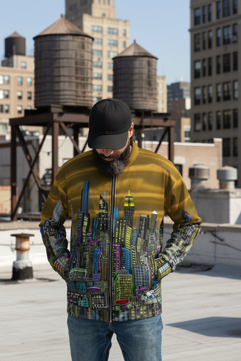 Man wearing a jacket with a cityscape designed by Loria NYC Art on a white background