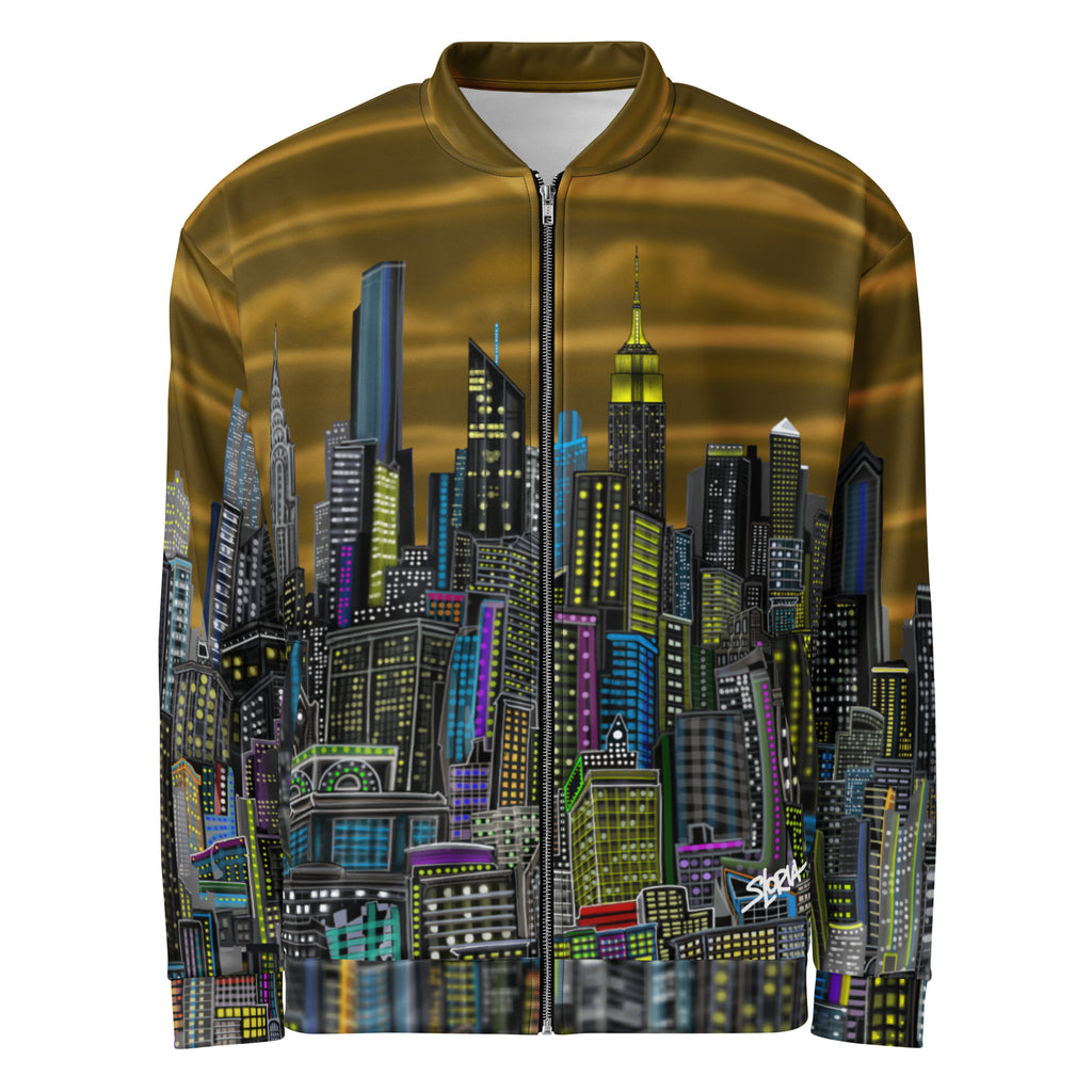 Jacket with a cityscape designed by Loria NYC Art on a white background