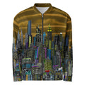Jacket with a cityscape designed by Loria NYC Art on a white background