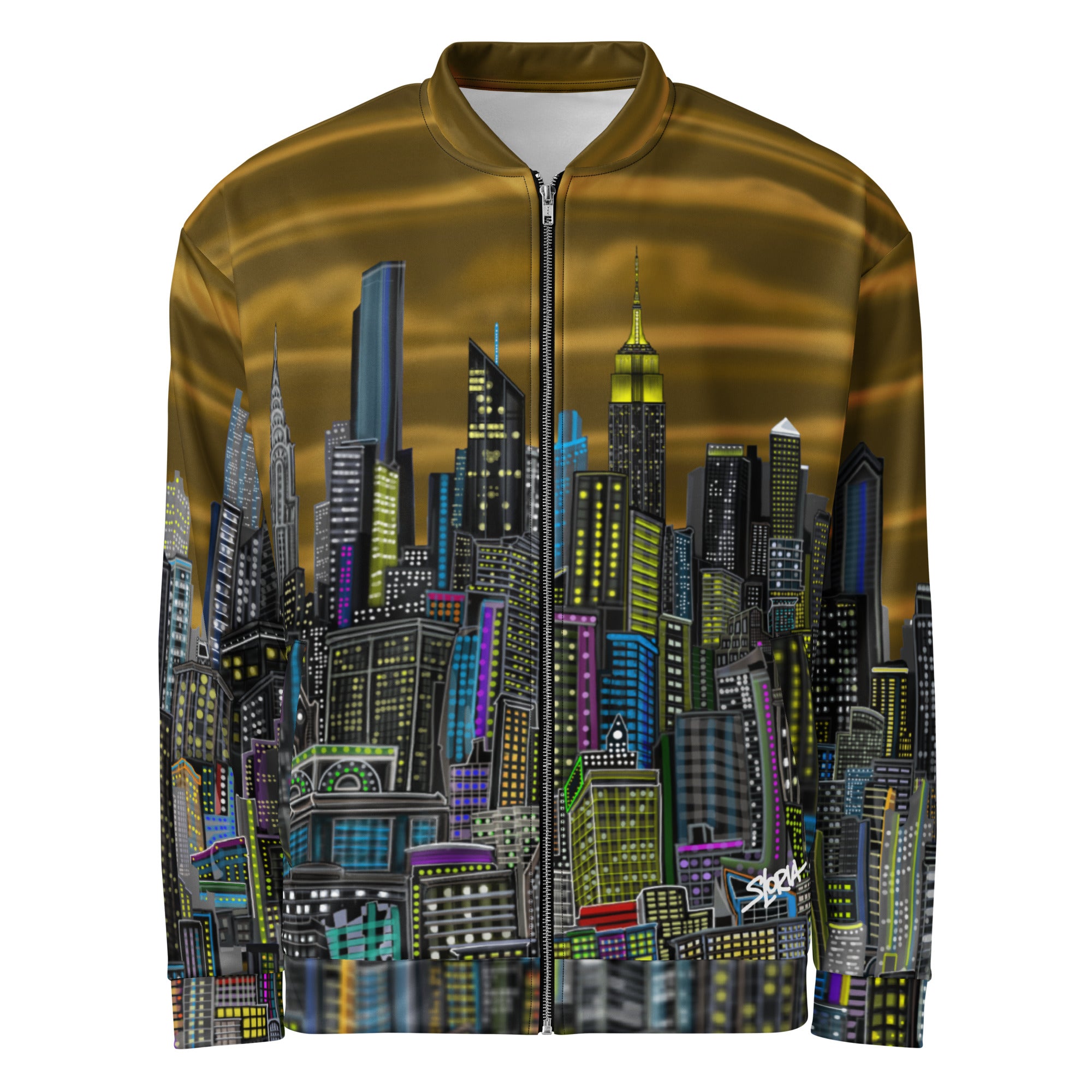 Jacket with a cityscape designed by Loria NYC Art on a white background