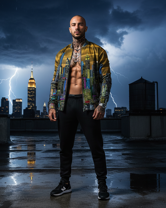 Man standing on a rooftop with a cityscape and lightning in the background  in a stylish outfit and jacket designed by Loria NYC Art 