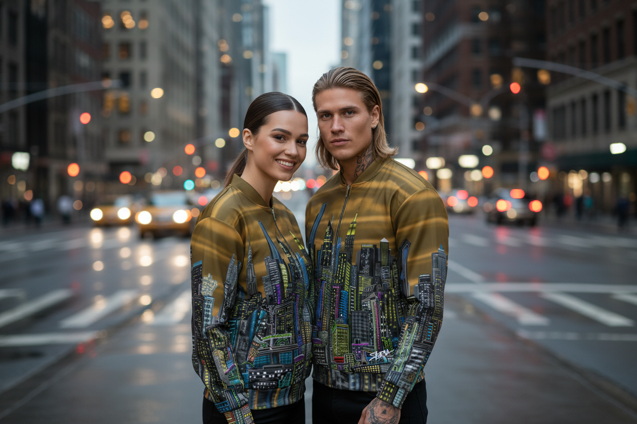 Two people wearing matching Loria NYC Art jackets with a cityscape design. 