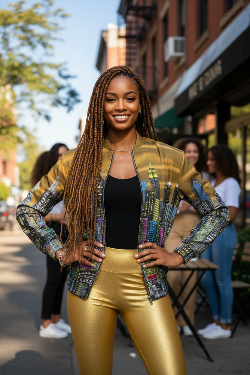 Woman in a gold Loria NYC Art jacket and pants standing on a city street