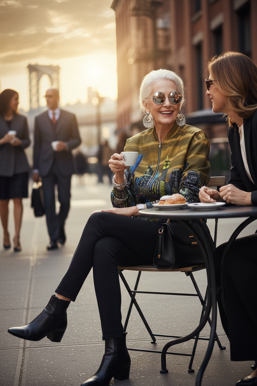Women sitting in a fancy Loria NYC Art bomber jacket in a city setting.