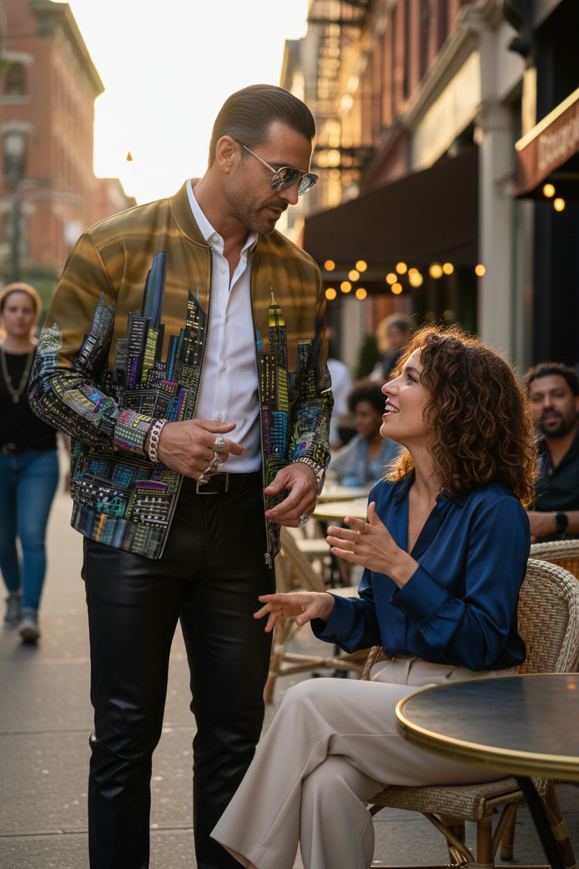 Man talking with a friend wearing a brown gold Loria NYC Art jacket with cityscape design outside a cafe
