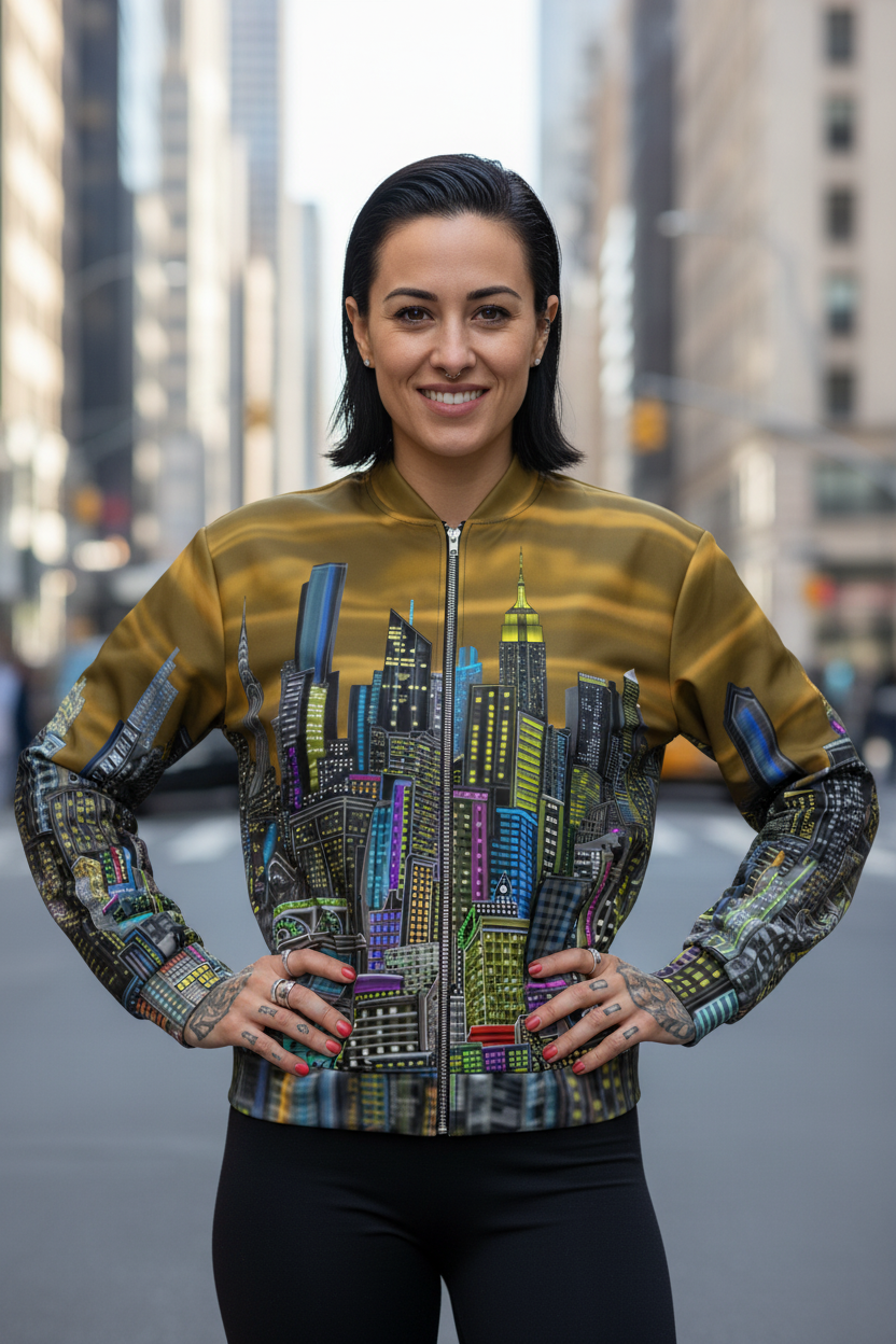 Person wearing a Loria NYC Art colorful jacket with cityscape design in an urban setting