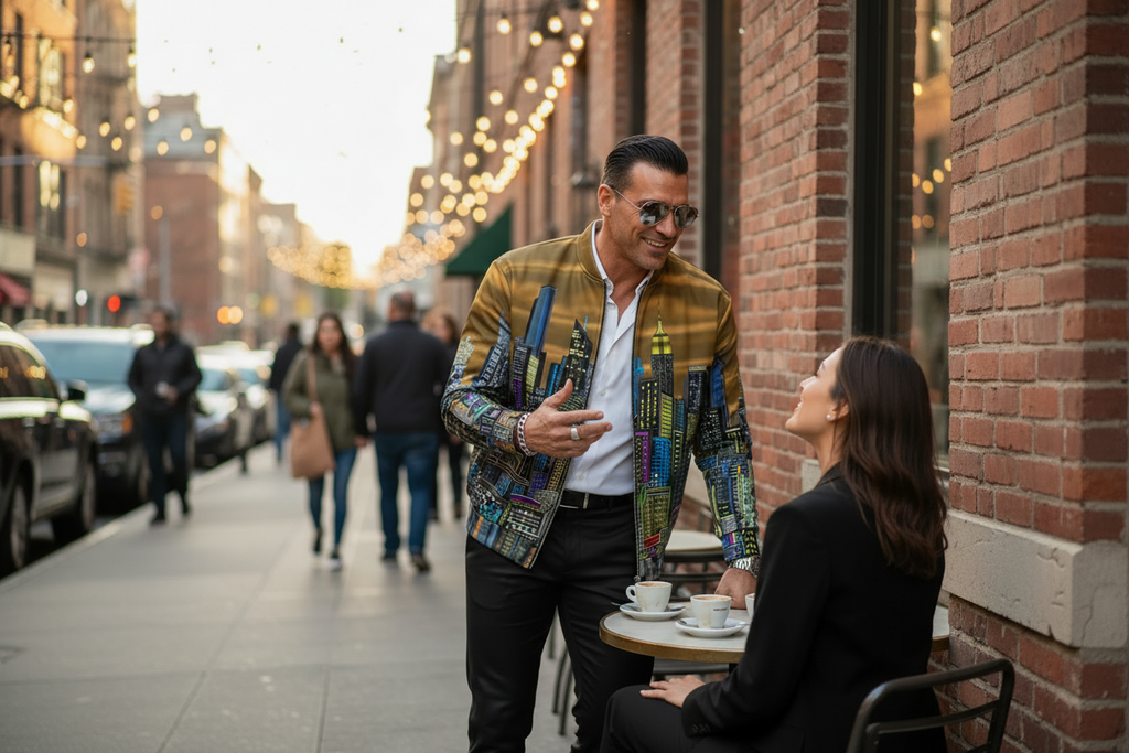 Man wearing a Loria NYC Art  jacket outside a brick building talking to a friend.