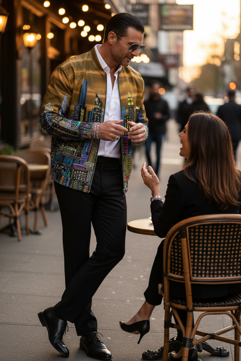 Man wearing a brown gold Loria NYC Art jacket with cityscape design outside a cafe