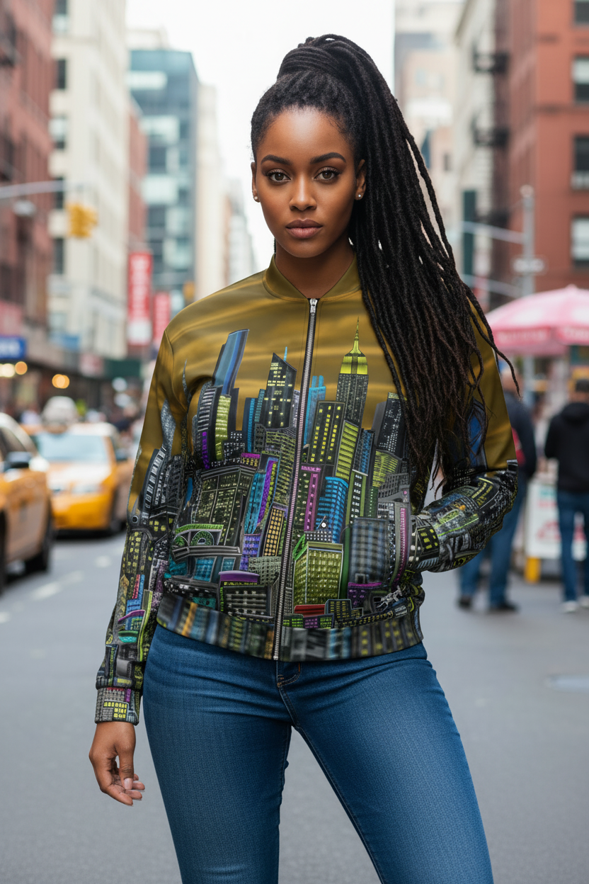 Woman wearing a colorful Loria NYC Art cityscape jacket on a busy street