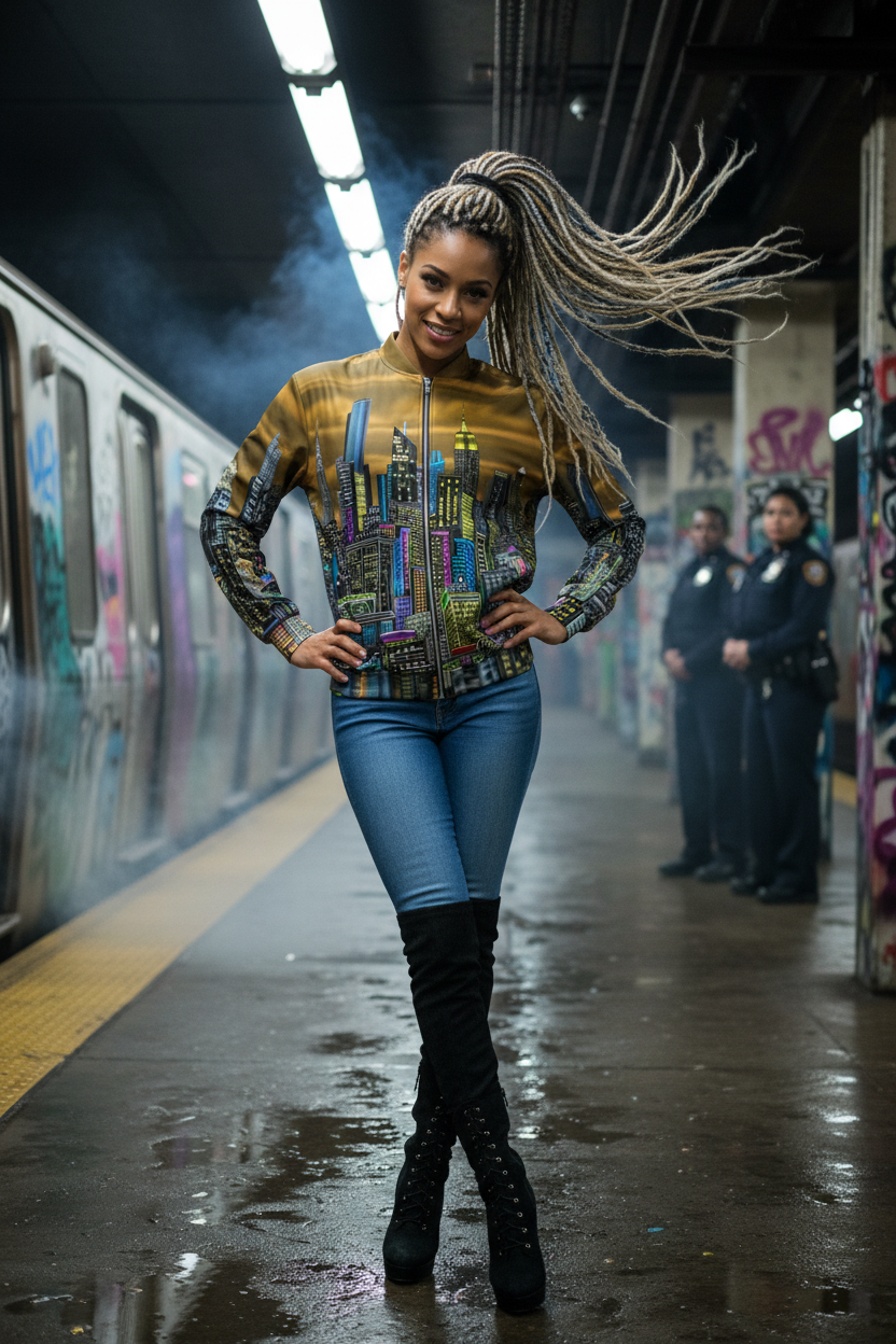 Woman in a colorful Loria NYC Art jacket and blue jeans standing on a subway platform with graffiti in the background.