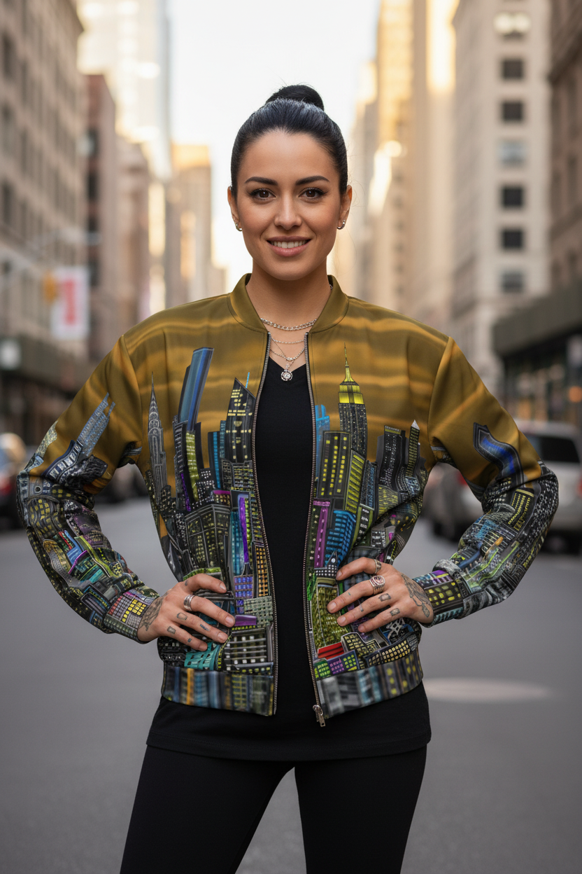 Woman wearing a colorful jacket with cityscape Loria NYC Art design on a city street