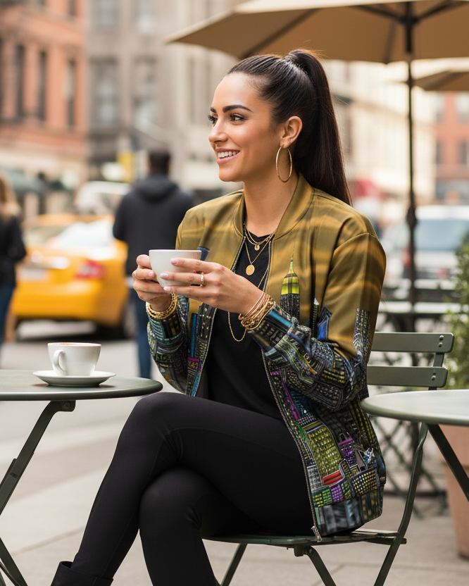 Woman sitting at an outdoor cafe table holding a cup, with a city skyline Loria NYC Art jacket. 