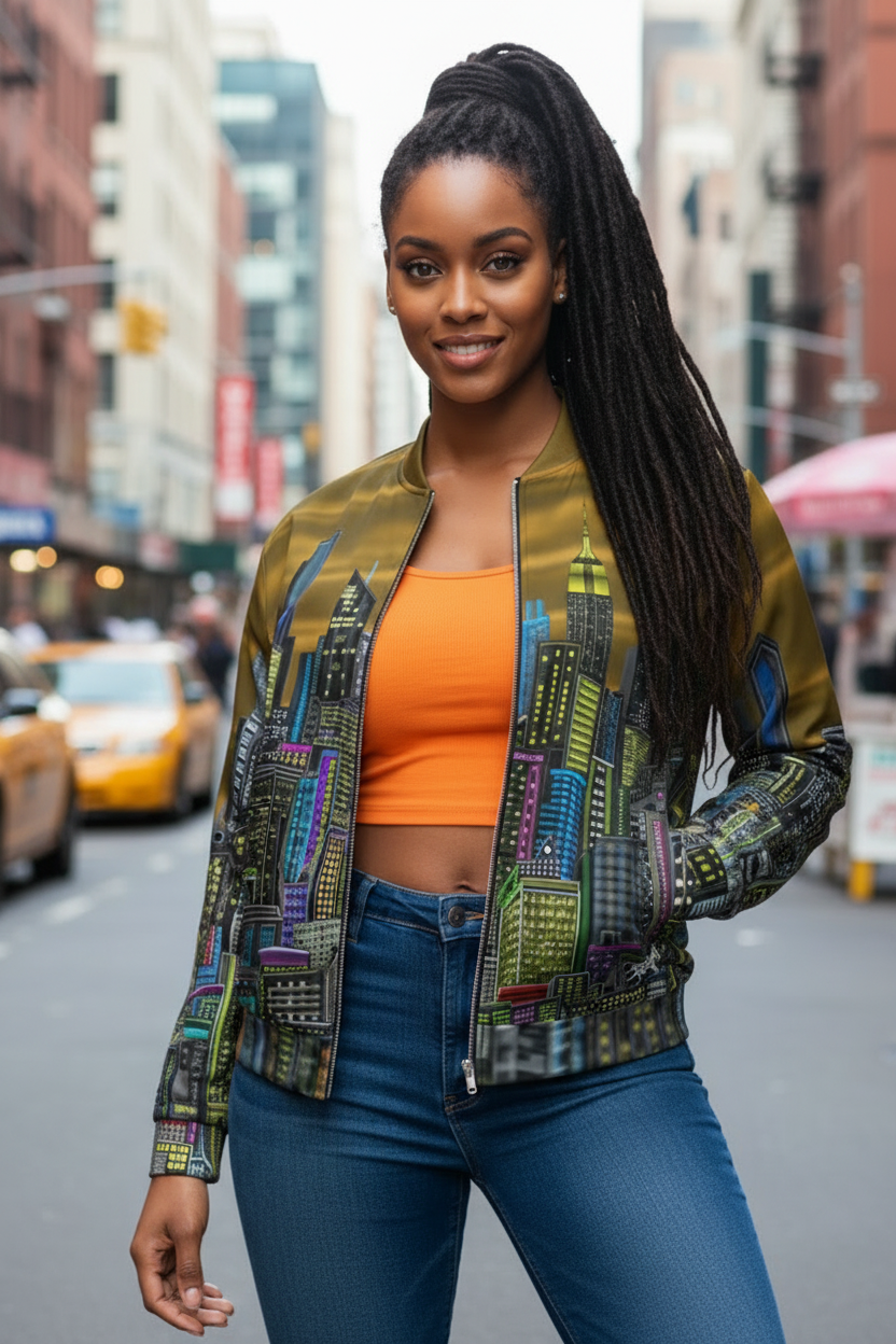 Woman in a colorful Loria NYC Art jacket and orange top standing on a city street.
