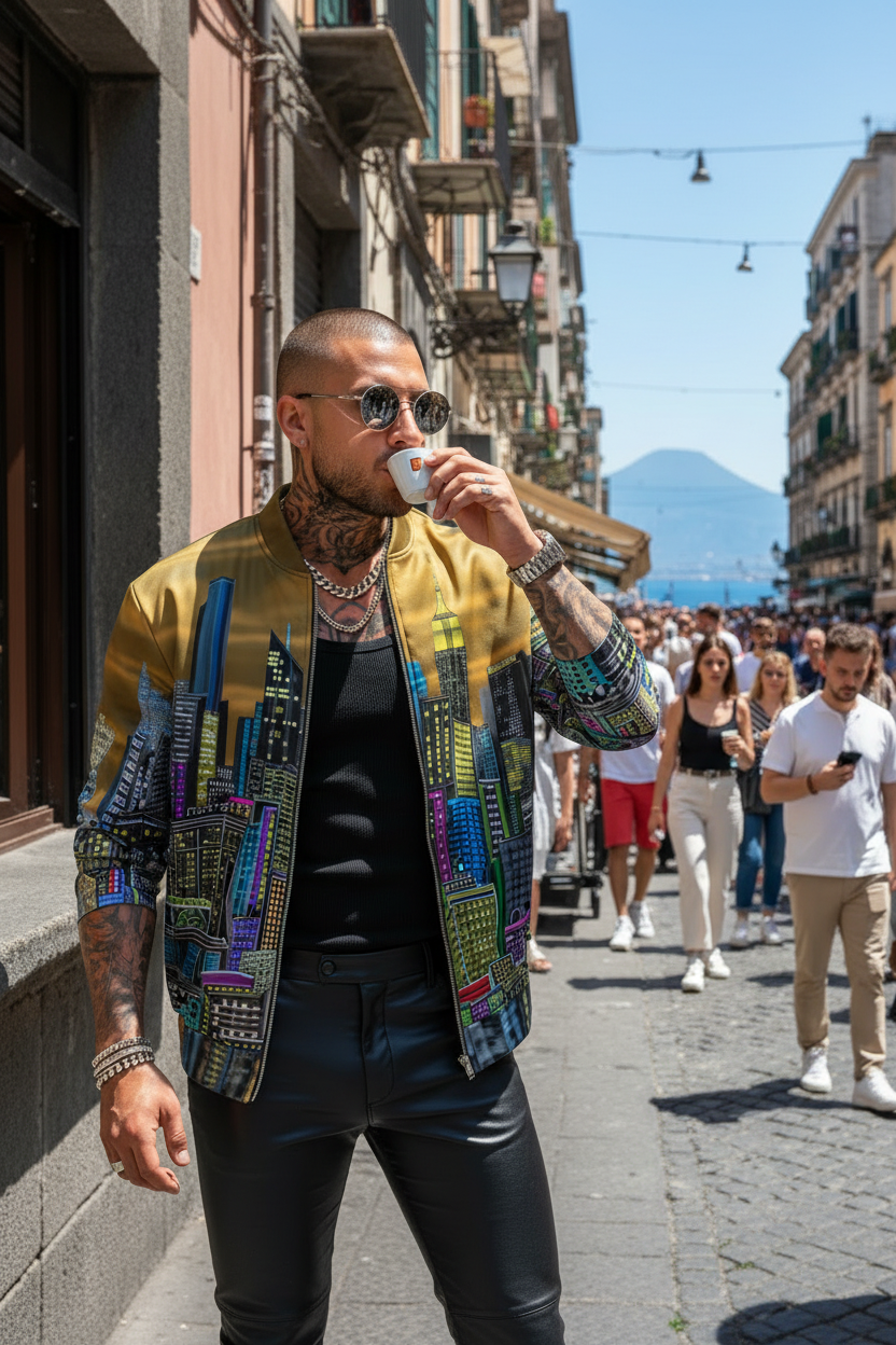 Man drinking coffee wearing a colorful Loria NYC Art jacket standing outside.