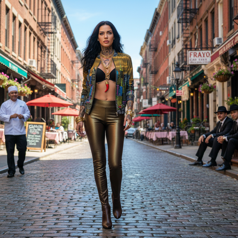Women wearing  a colorful Loria NYC Art jacket walking down a street with people looking on.