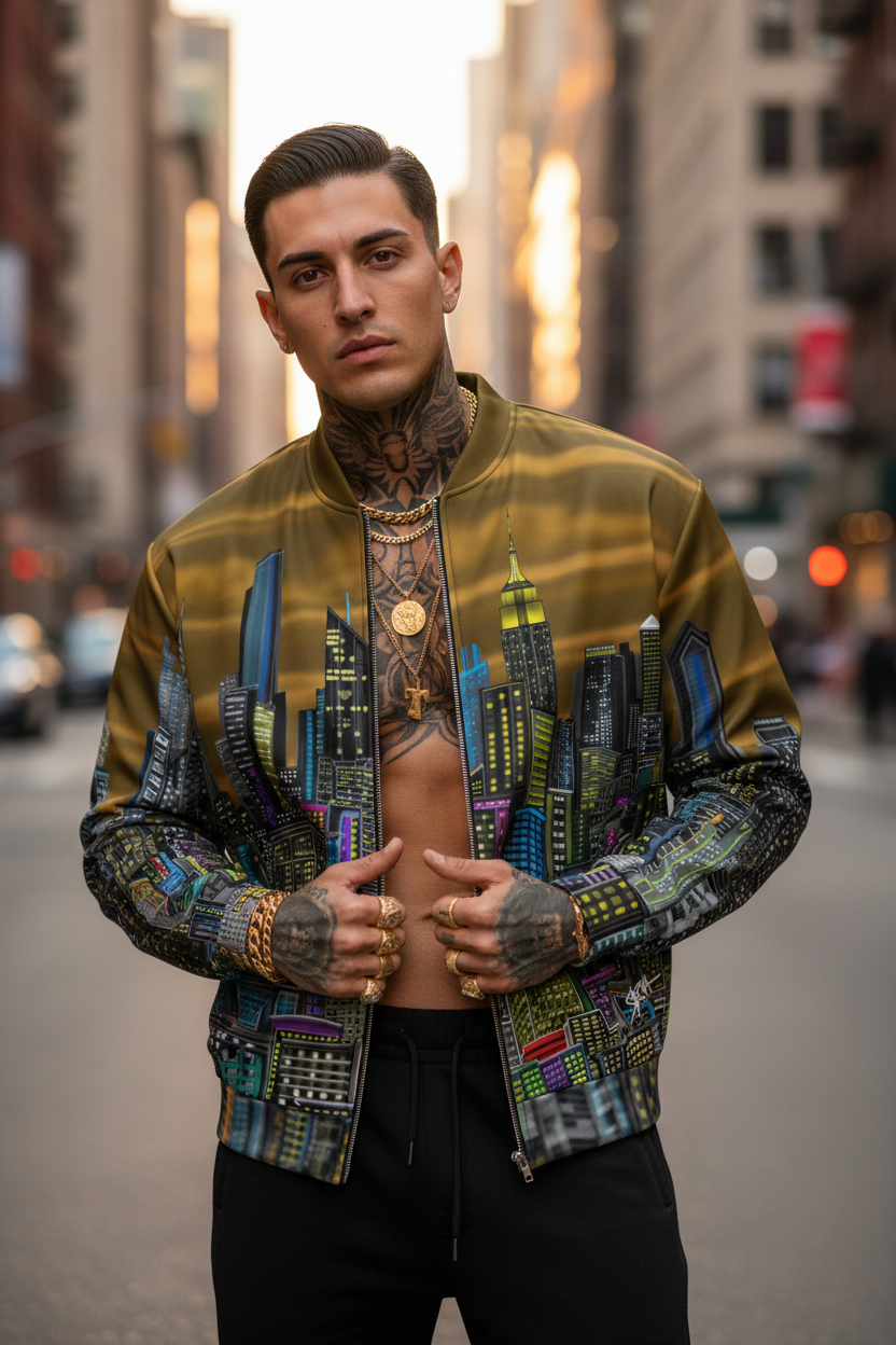 Man wearing a colorful jacket with cityscape Loria NYC Art design on a city street