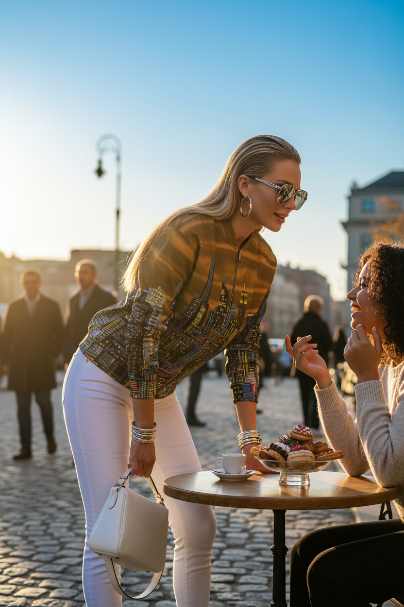 Women wearing a vibrant gold brown Loria NYC Art jacket in an outdoor setting.