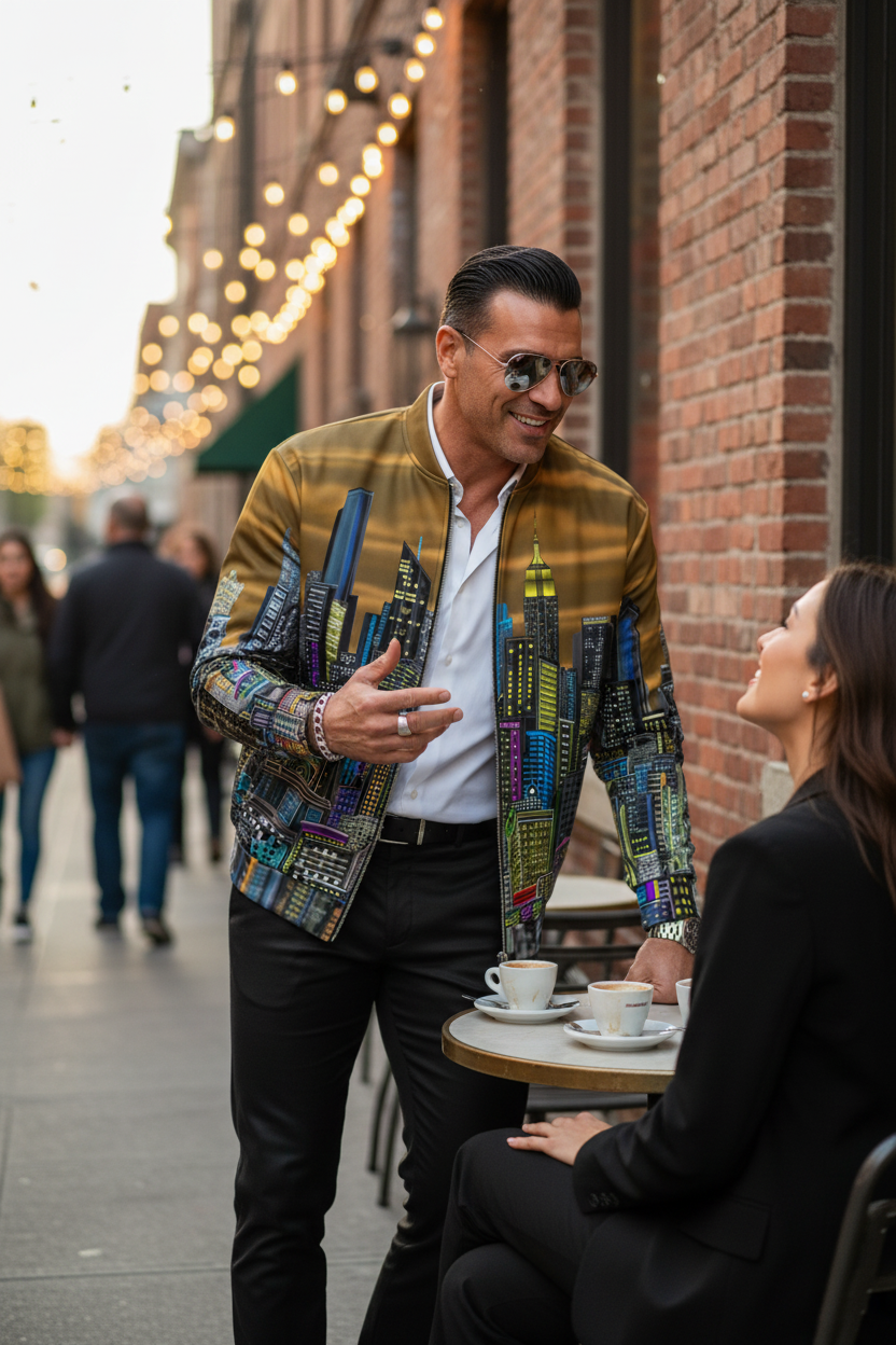 Man talking outside wearing a brown gold Loria NYC Art jacket with cityscape design outside a cafe