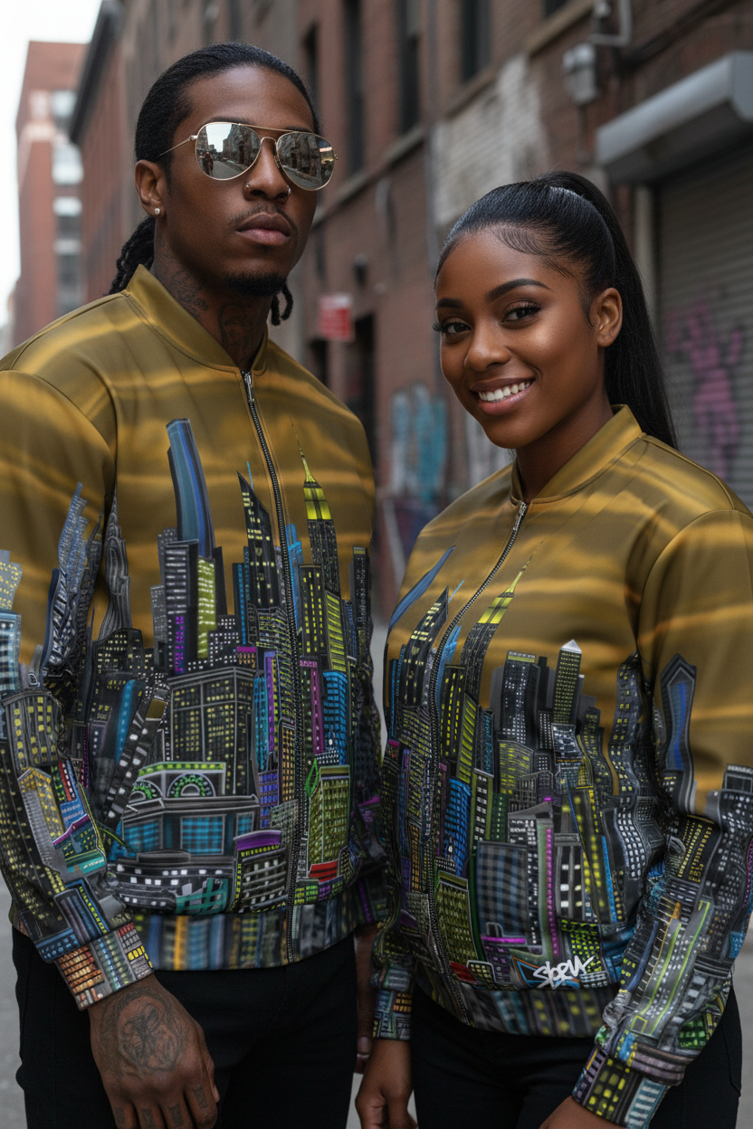 Two people wearing matching Loria NYC Art cityscape-themed jackets in an urban setting.