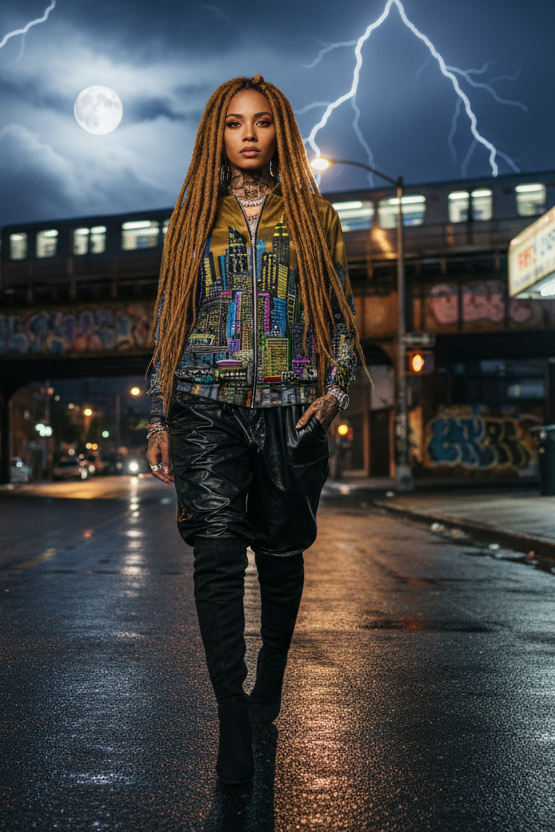 Person with long braided hair standing on a city street at night with lightning in the sky,in a stylish outfit and jacket designed by Loria NYC Art walking down a street with buildings and people in the background