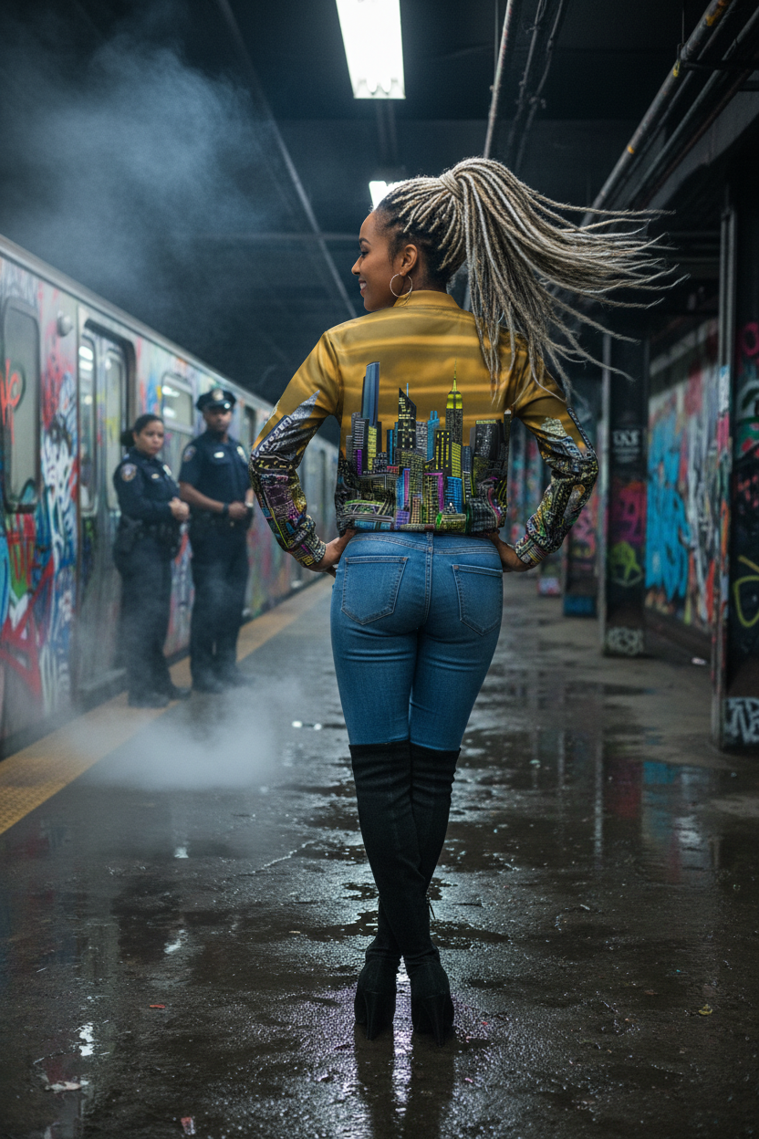Person wearing a Loria NYC Art jacket in a graffiti-covered alley with two police officers in the background.