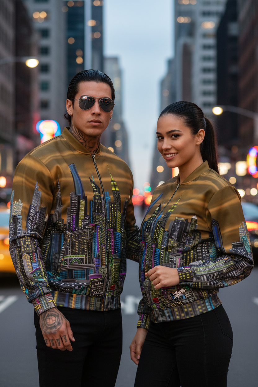 Two people wearing matching Loria NYC Art jackets on a city street at night.