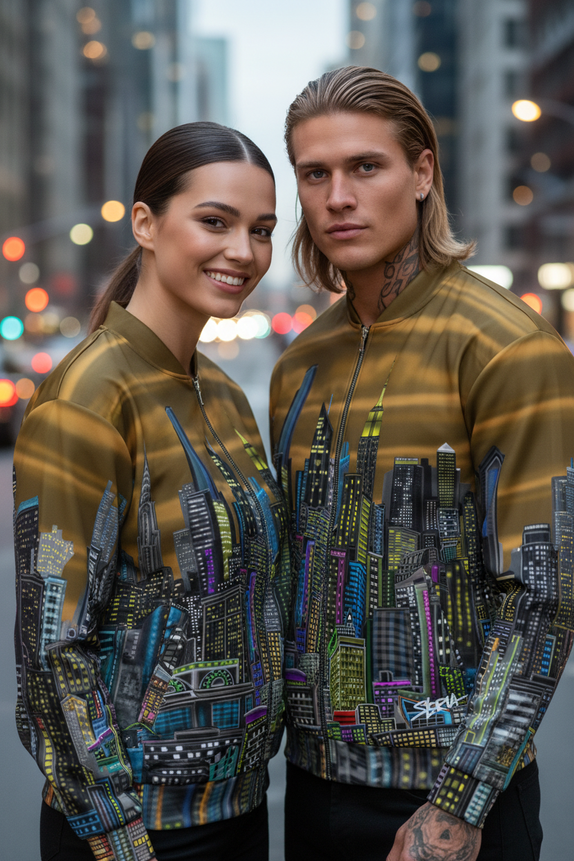 Two people wearing matching Loria NYC Art jackets with cityscape design in an urban setting