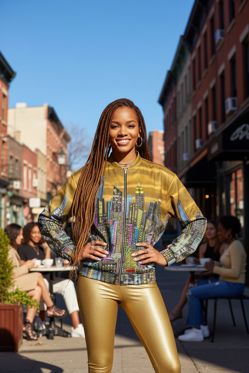 Woman in a colorful Loria NYC Art jacket and gold pants standing on a city street.