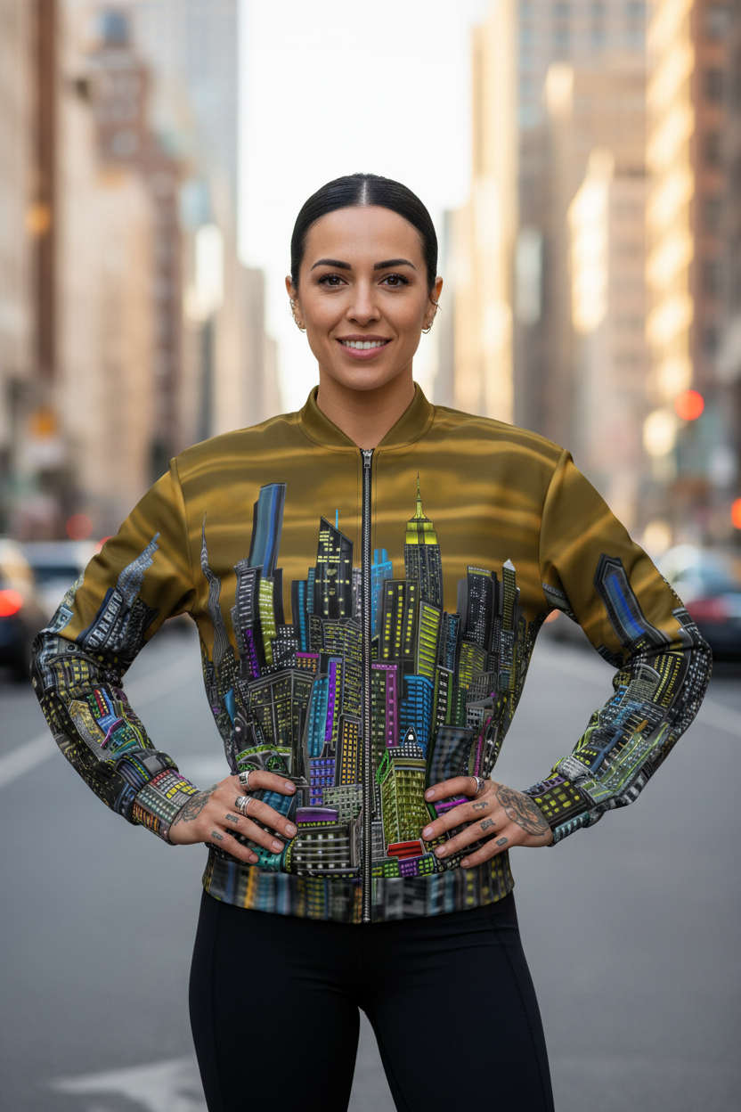 Woman wearing a colorful Loria NYC Art cityscape jacket on a city street