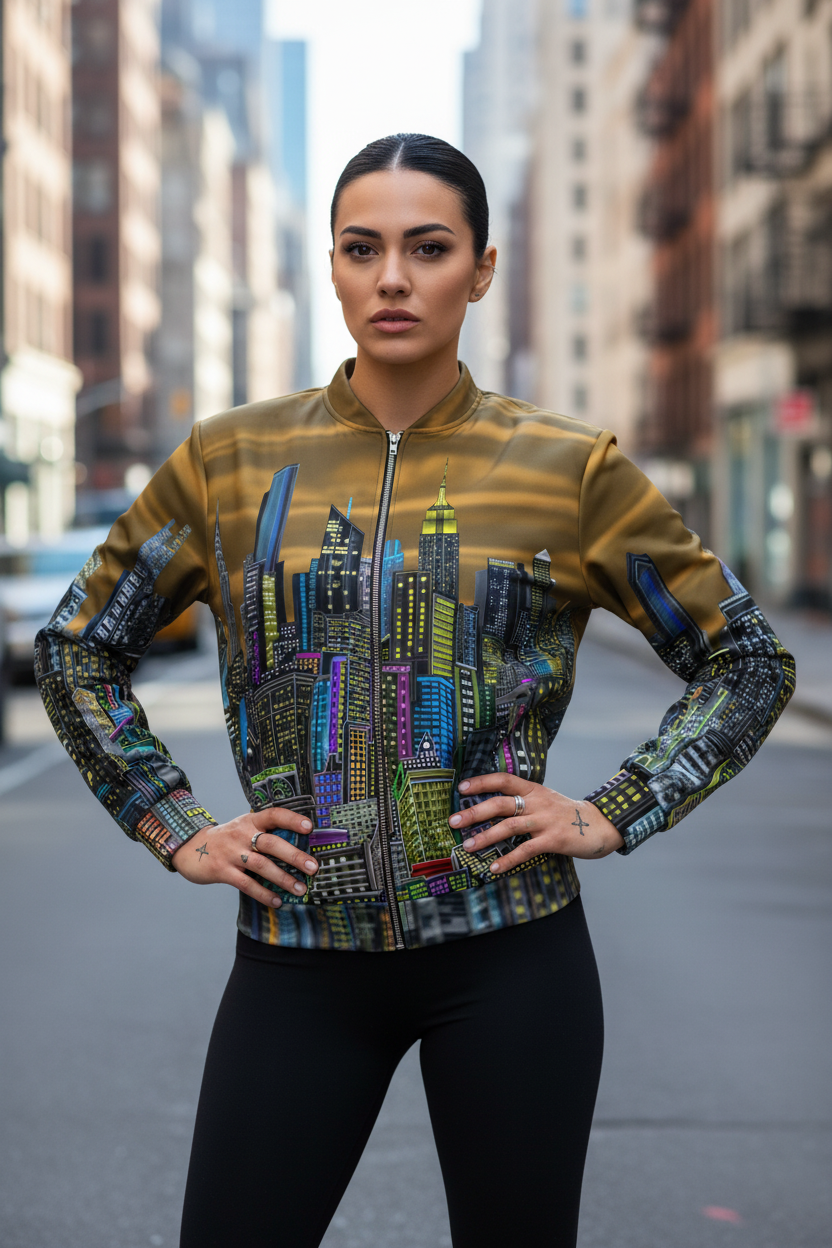Woman wearing a colorful jacket with cityscape Loria NYC Art design on a city street